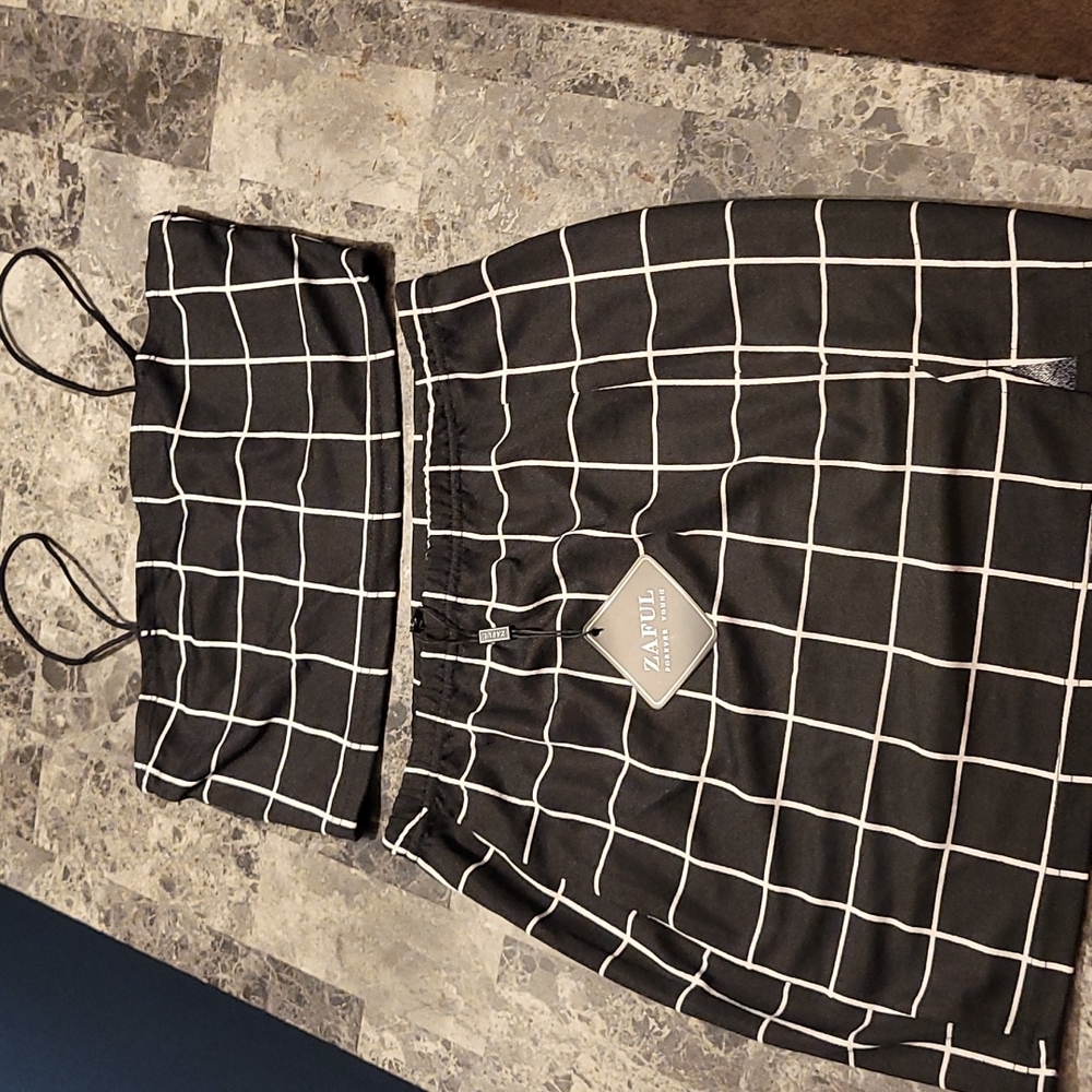 Grid slit cami mini skirt set